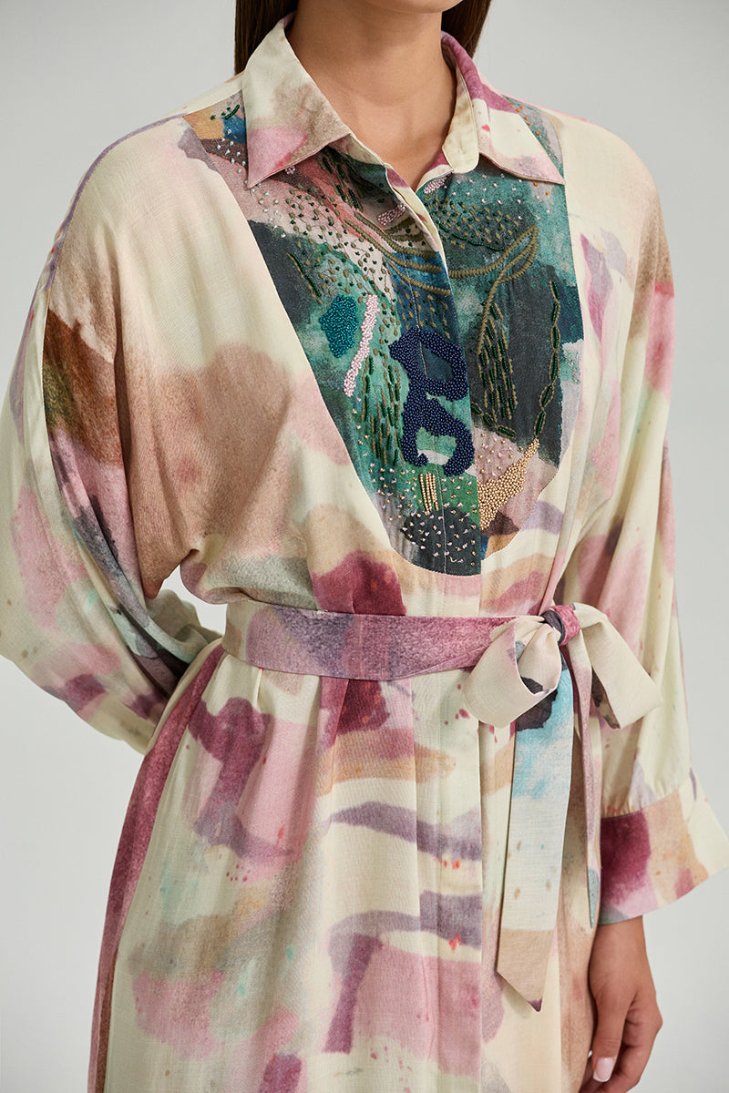 Printed Belted Midi Shirt Dress