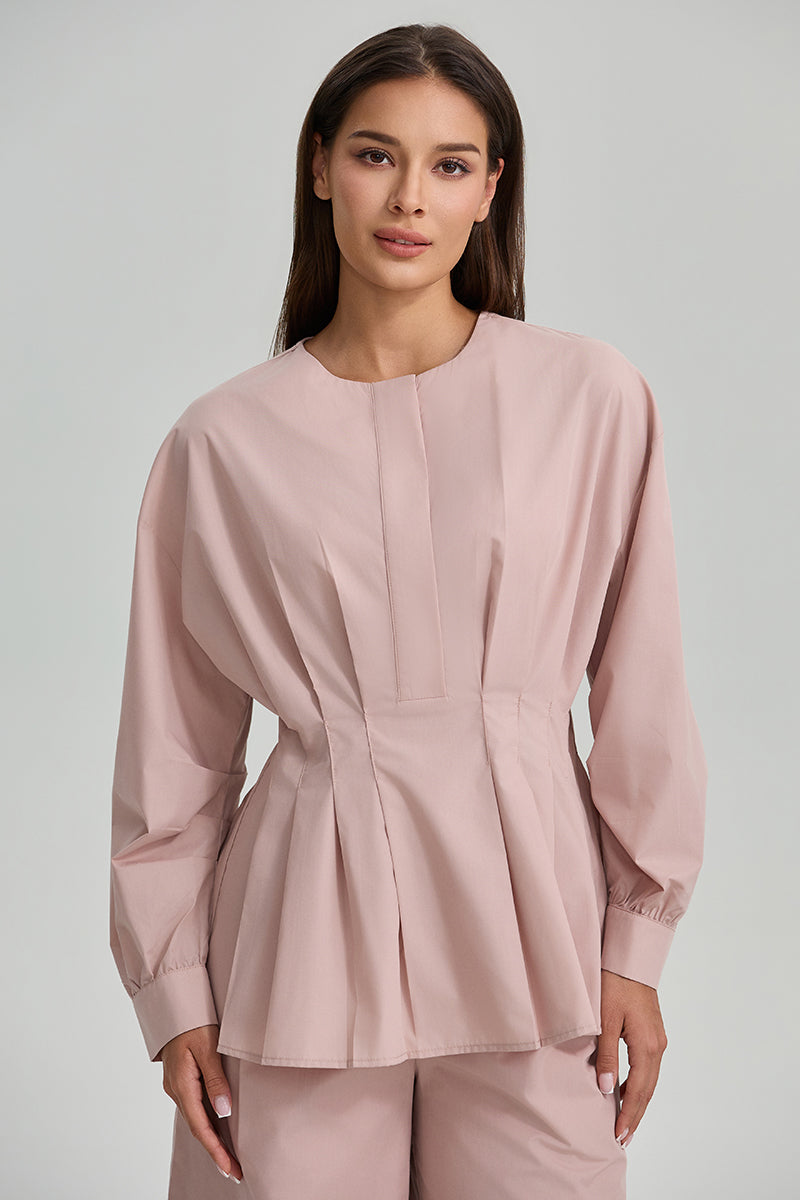 Pleated Waist Long Sleeve Blouse