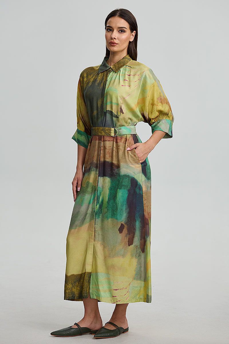 Abstract Print Belted Dress
