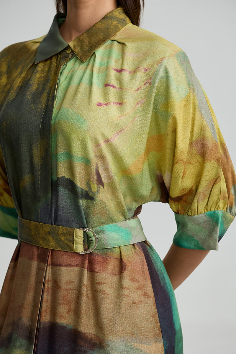 Abstract Print Belted Dress