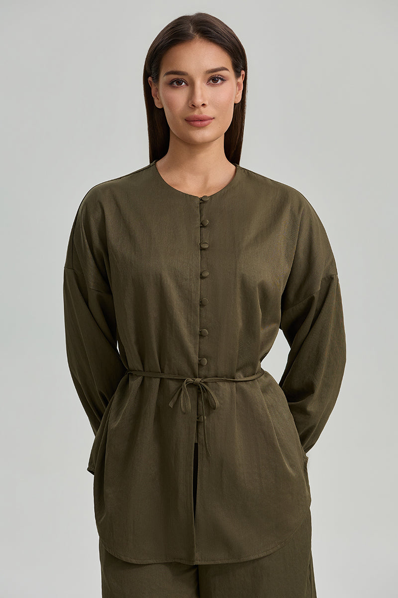 Button Front Tie Waist Top