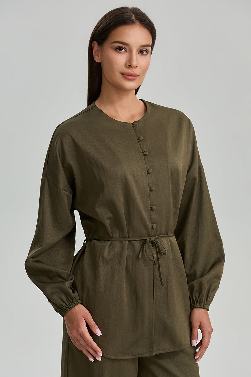 Button Front Tie Waist Top