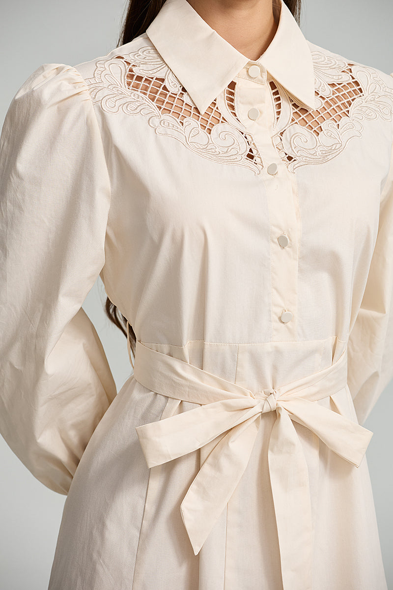 Embroidered Belted Shirt Dress
