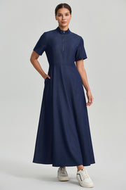Zip Neck Denim Maxi Dress