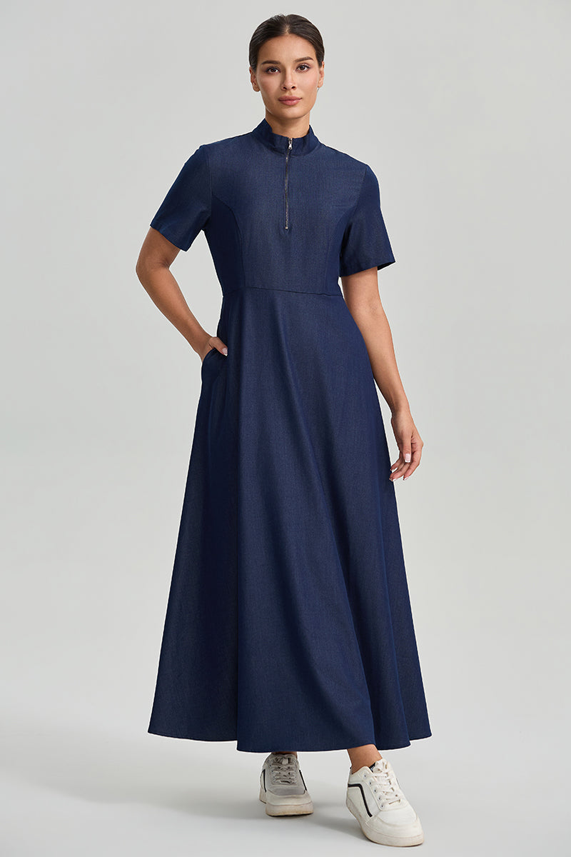 Zip Neck Denim Maxi Dress