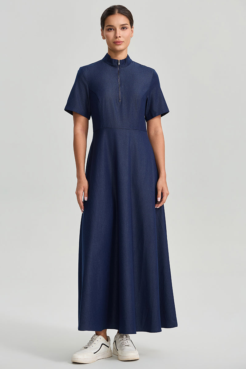 Zip Neck Denim Maxi Dress