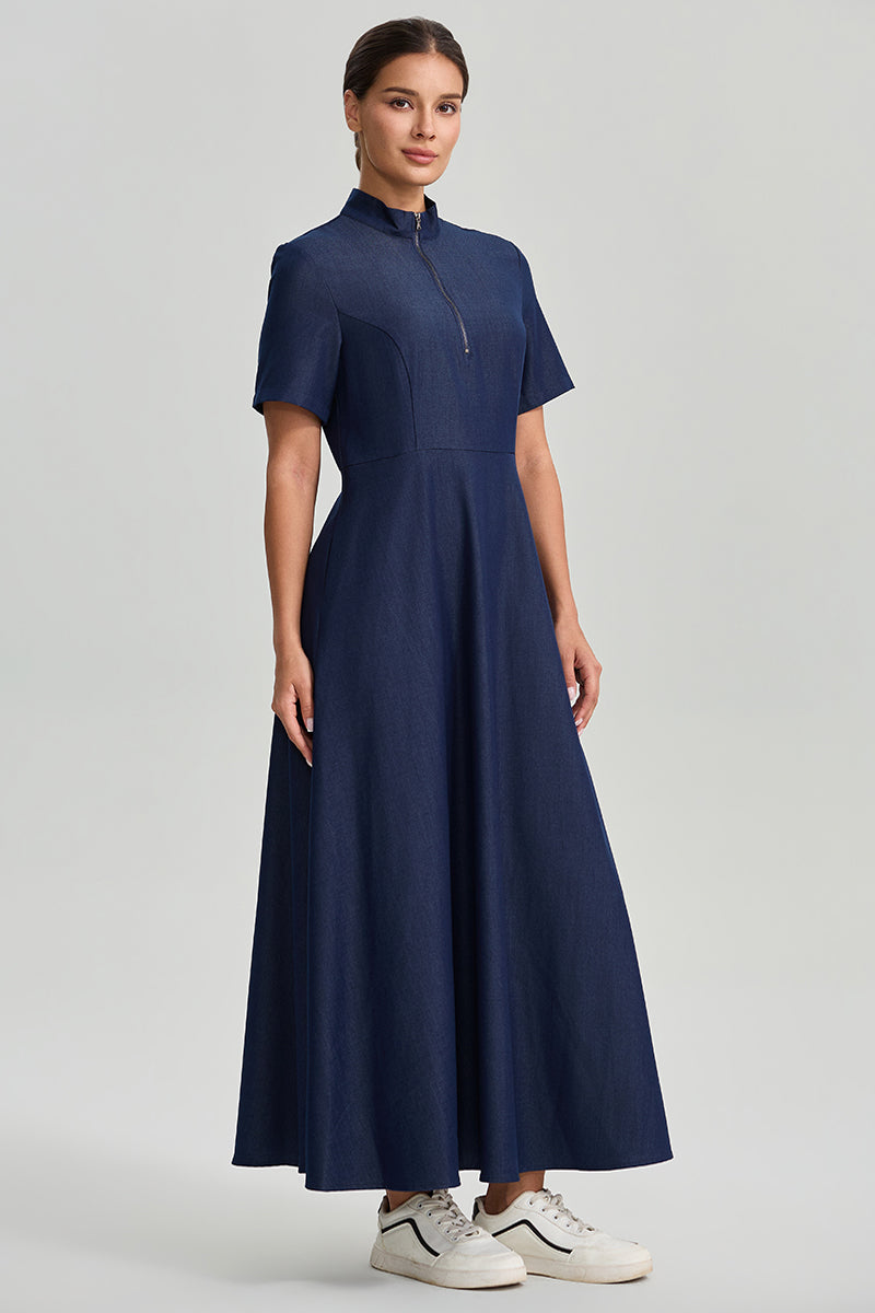 Zip Neck Denim Maxi Dress