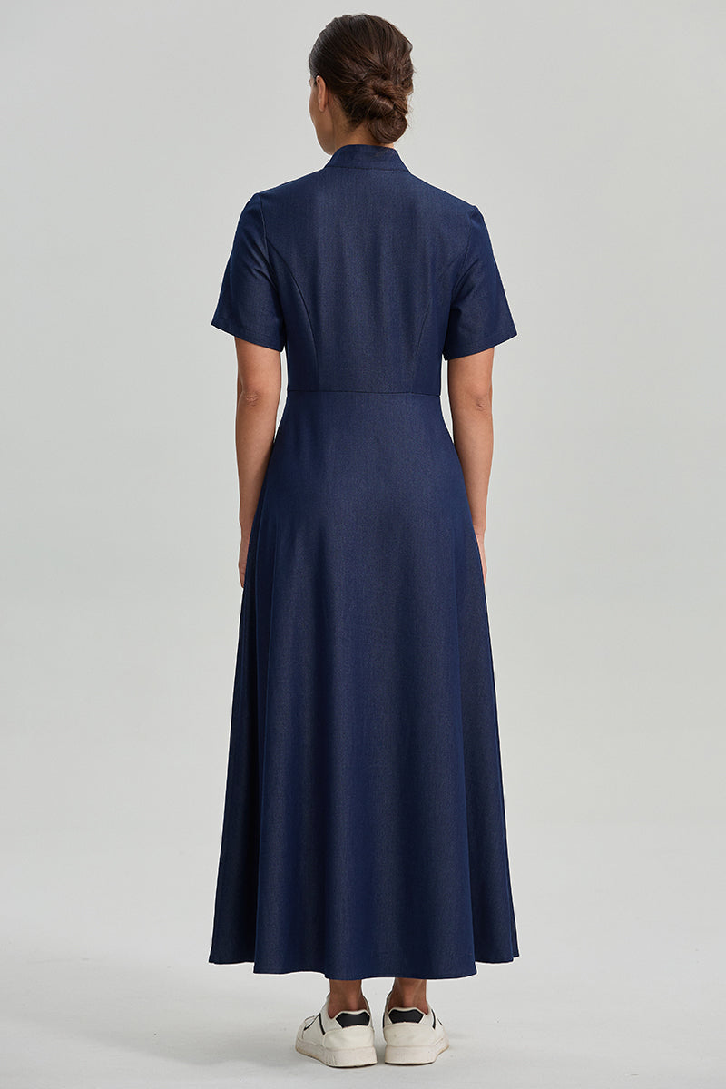 Zip Neck Denim Maxi Dress