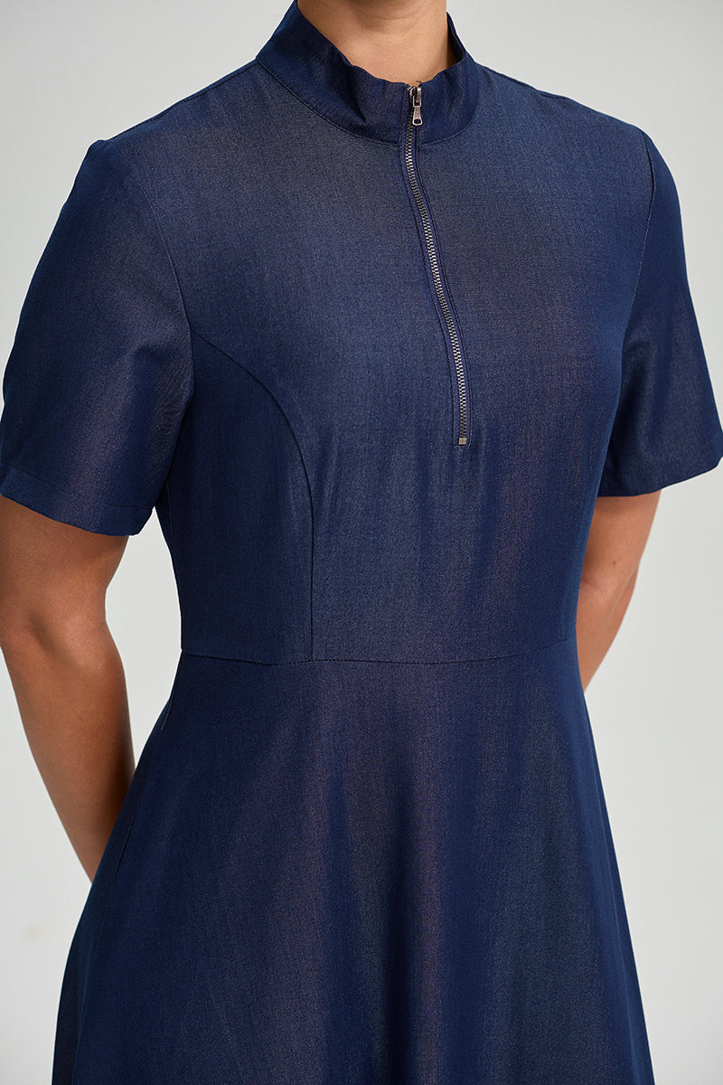 Zip Neck Denim Maxi Dress