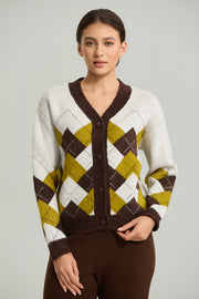 Argyle Button-Front Knit Cardigan