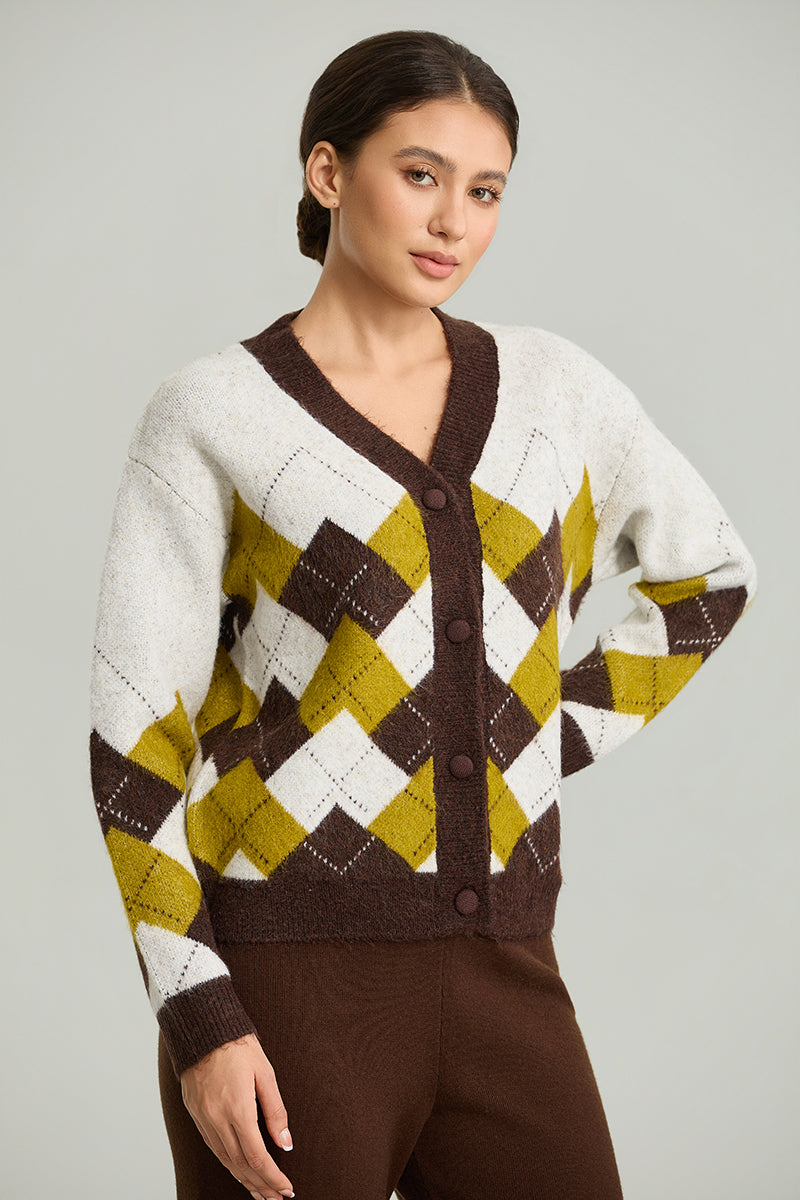 Argyle Button-Front Knit Cardigan
