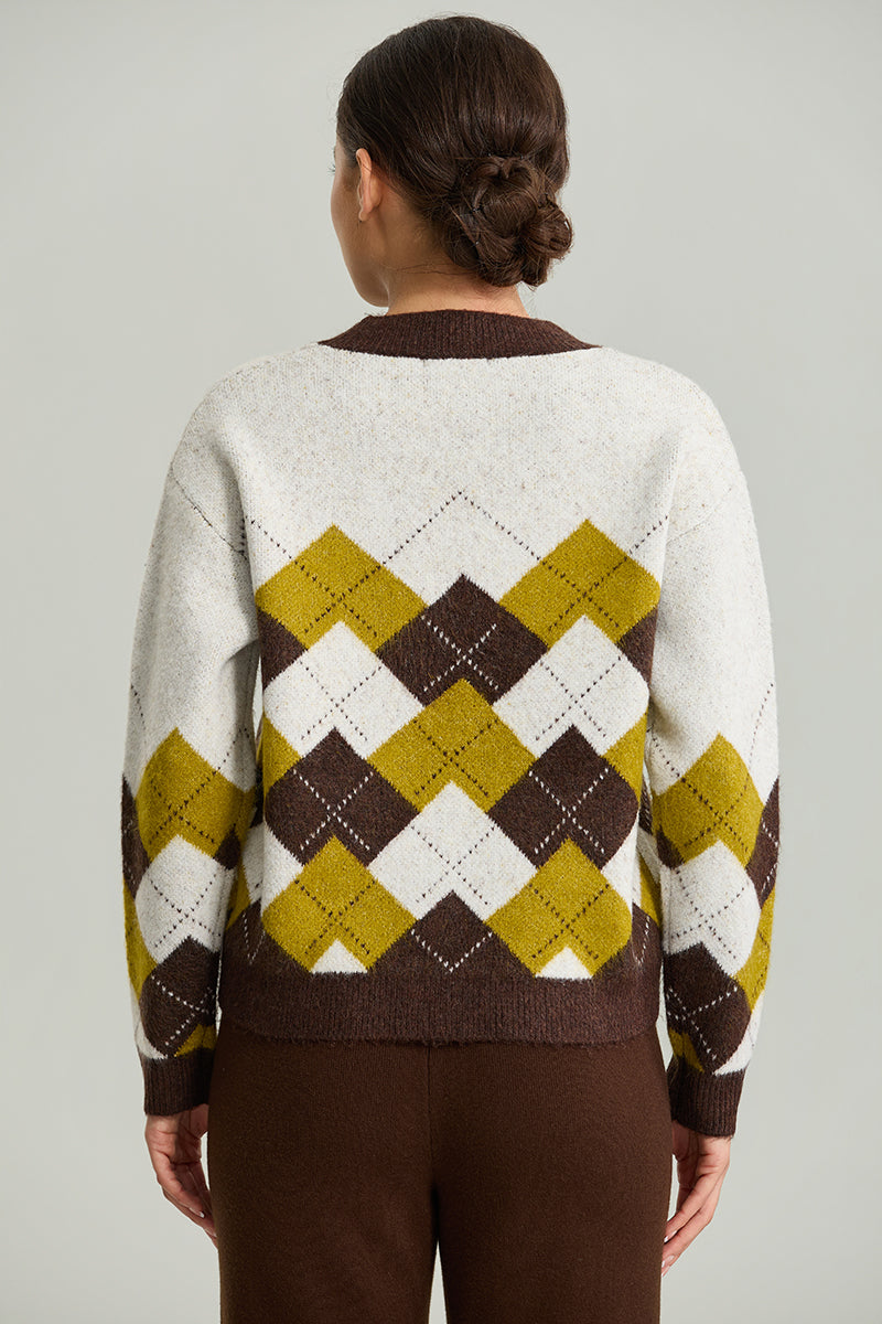 Argyle Button-Front Knit Cardigan
