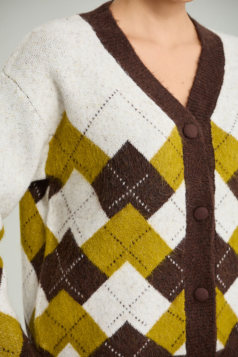 Argyle Button-Front Knit Cardigan