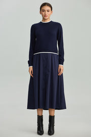 Contrast-Band Knit Midi Dress