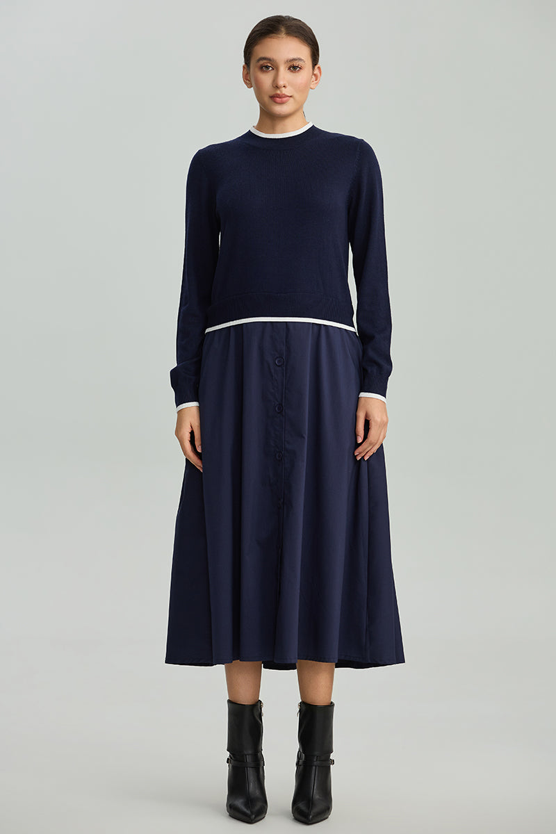 Contrast-Band Knit Midi Dress
