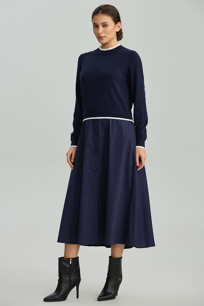 Contrast-Band Knit Midi Dress