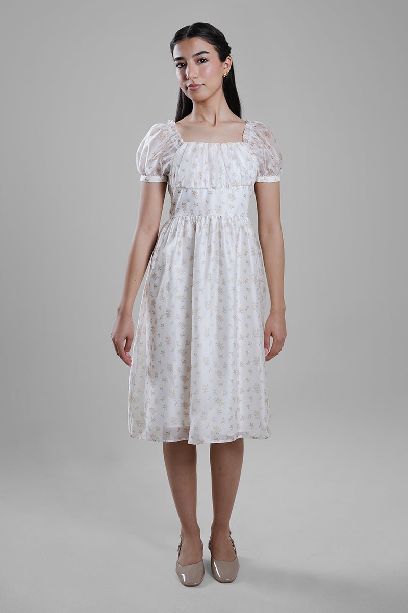 Midi Dress with Puff Sleeves