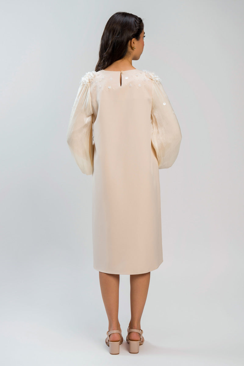 فستان بطول متوسط وأكمام شفافة