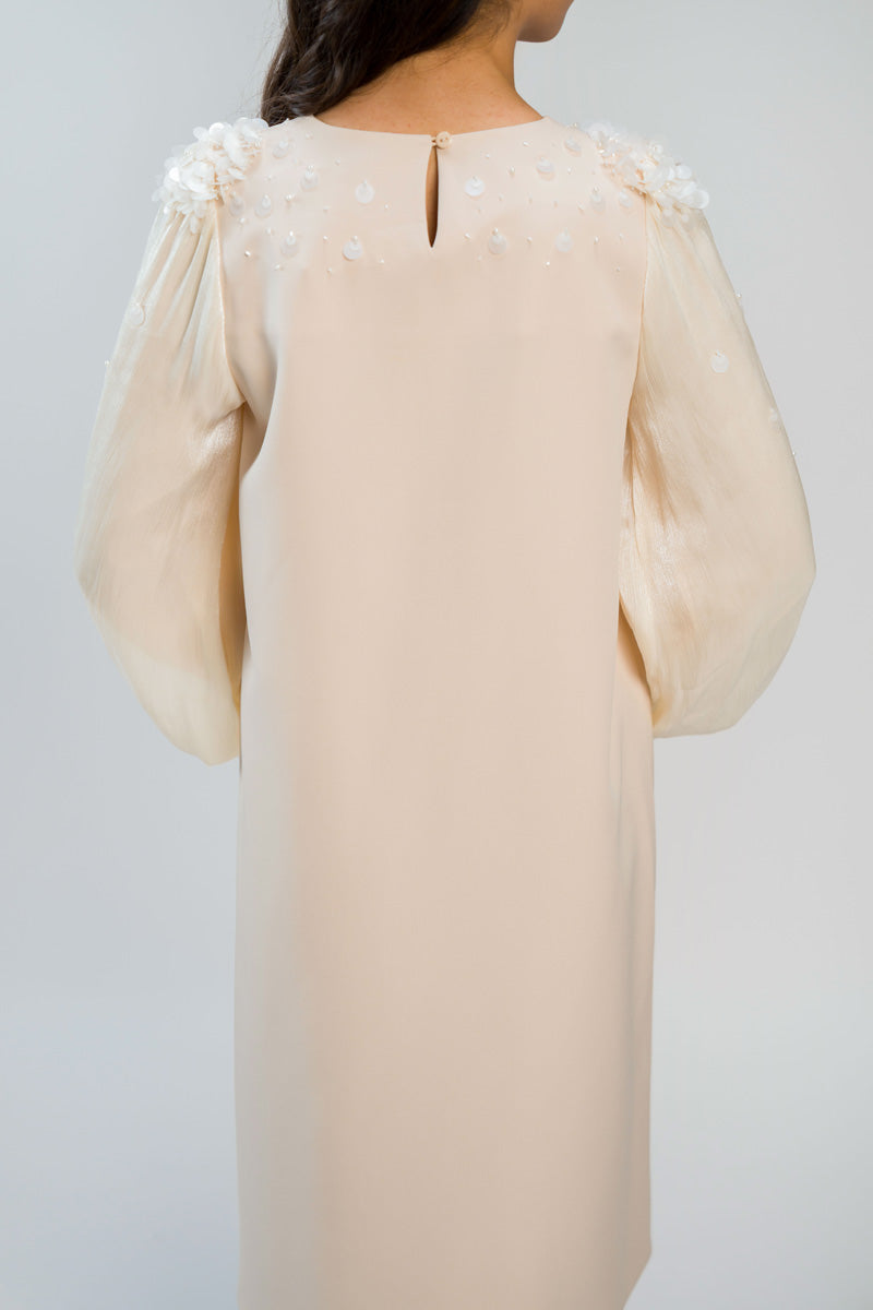 فستان بطول متوسط وأكمام شفافة