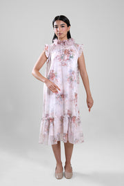 فستان ميدي بياقة مكشكشة