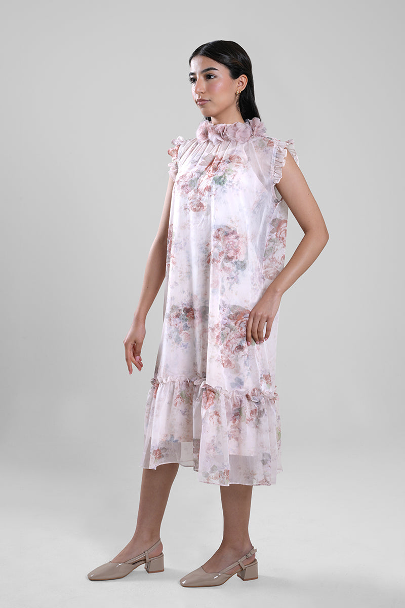 فستان ميدي بياقة مكشكشة