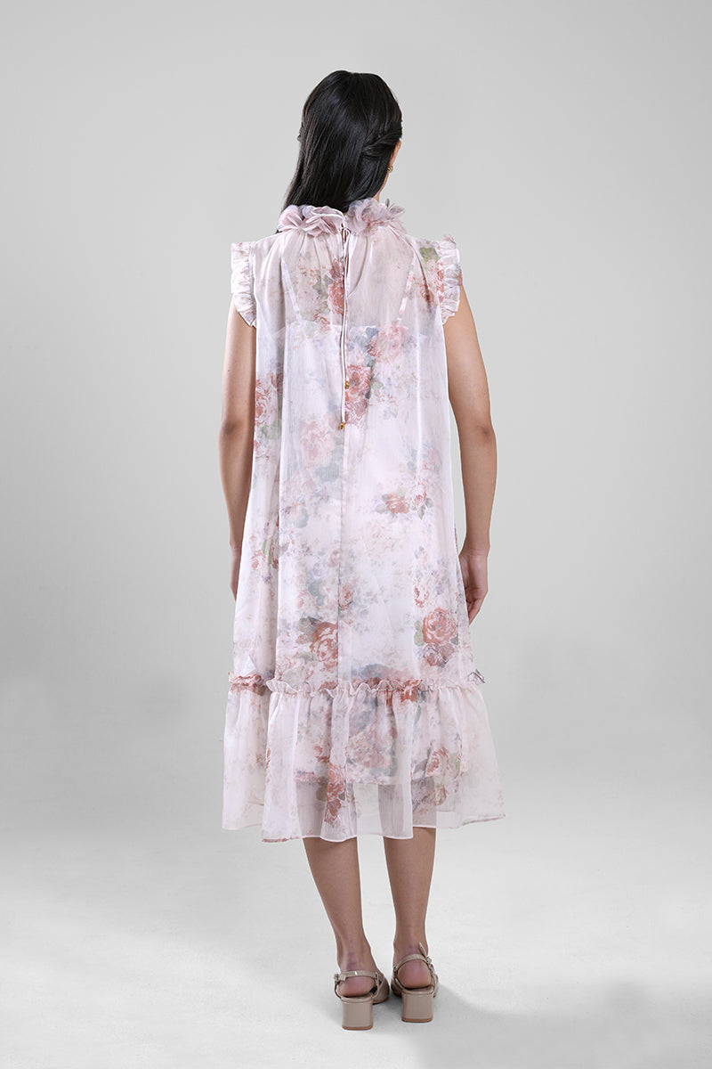 فستان ميدي بياقة مكشكشة