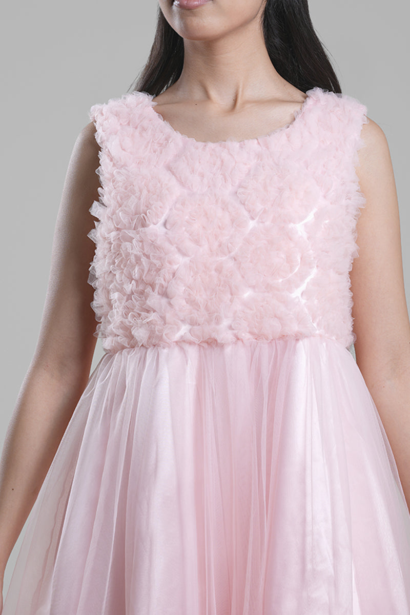 فستان بتفاصيل بارزة وتنورة تول