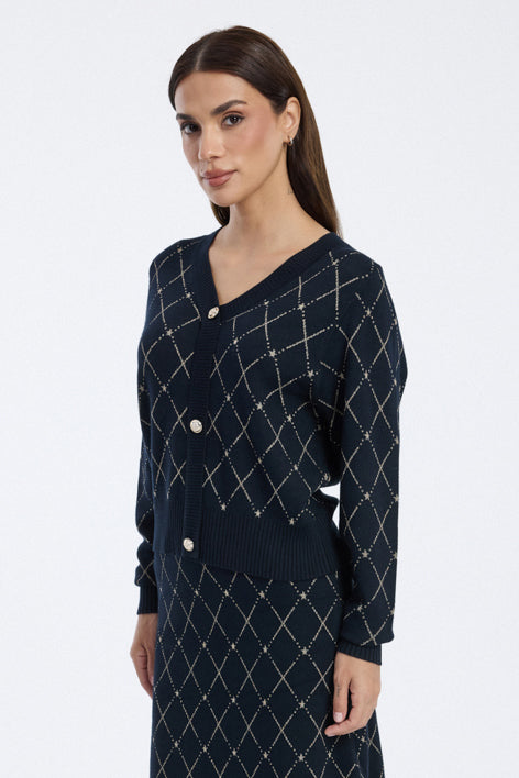 Load video: Knitted Cardigan with Checked Pattern