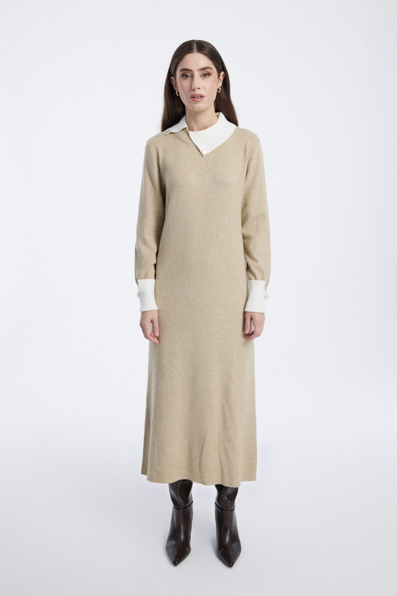 Load video: Knit Dress with Contrast Collar and Cuffs